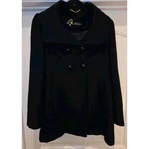 Guess Black Wool Blend Coat Women's LongSleeve Button Up Large Peacoat Jacket